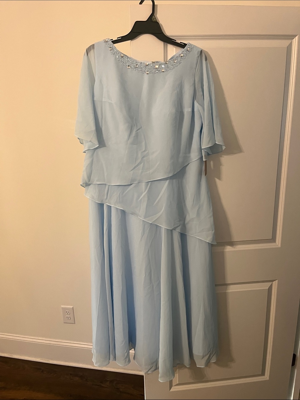 Embellished Neckline Light Blue Chiffon Maxi Dress